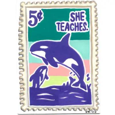 Orca "She Teaches" | GIRL POWER Stamp Collection | Art with Sara Rose aceo art card thumbnail 1