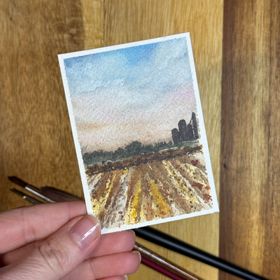 ACEO Watercolor, Landscape, Original, “Crop Sunset”, 3.5x2.5in, By Lark Watercolor aceo art card thumbnail 2