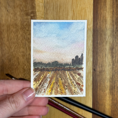 ACEO Watercolor, Landscape, Original, “Crop Sunset”, 3.5x2.5in, By Lark Watercolor aceo art card thumbnail 1
