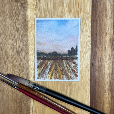 ACEO Watercolor, Landscape, Original, “Crop Sunset”, 3.5x2.5in, By Lark Watercolor aceo art card thumbnail 3