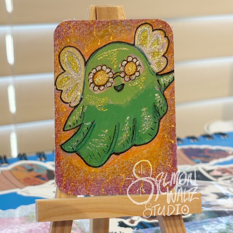 ACEO colored pencil fairy spring green cute ghost signed that.weird.art.chick aceo art card