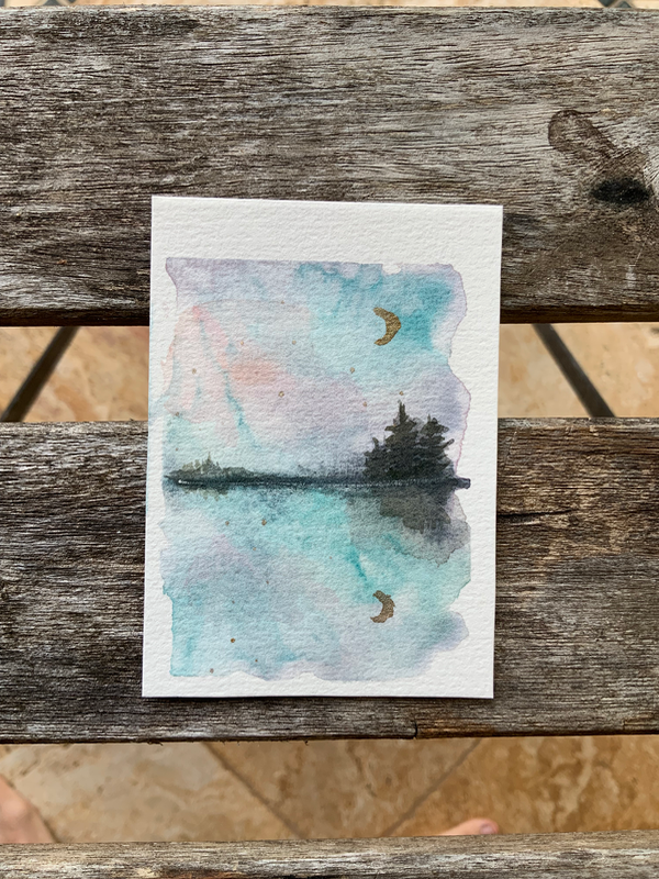 Watercolor landscape “turquoise lake at night” aceo art card