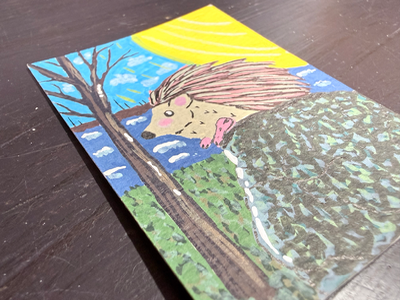 ACEO Whimsical Original Art - Hedgehog in rock by lake Elizabeth Durant Art aceo art card thumbnail 3