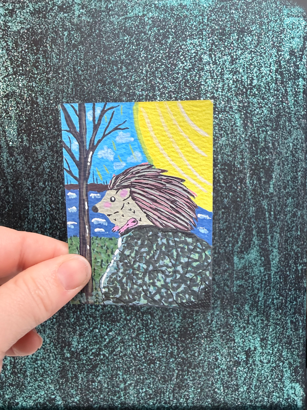 ACEO Whimsical Original Art - Hedgehog in rock by lake Elizabeth Durant Art aceo art card