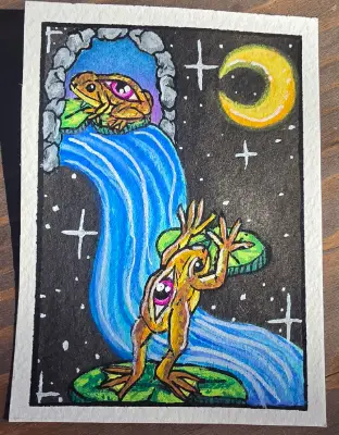ACEO original psychedelic frogs jumping on lily pads through space aceo art card thumbnail 1