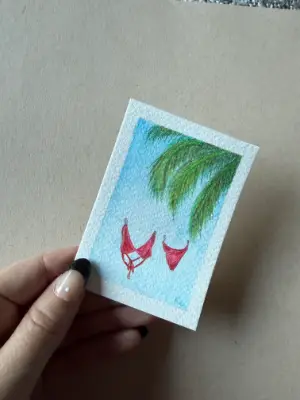 Red Bikini - Tropical Watercolor Painting ACEO aceo art card thumbnail 1