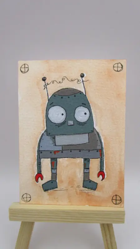 Robot with red claws ACEO ORIGINAL ART SIGNED aceo art card