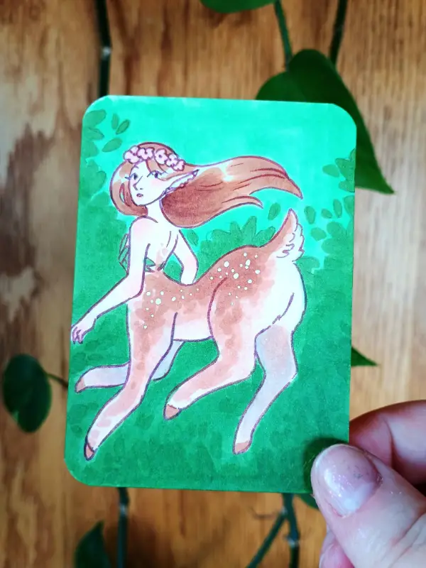 Fawn Centaur Girl Prancing in the Woods - Original ACEO Card Signed aceo art card