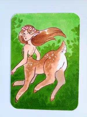 Fawn Centaur Girl Prancing in the Woods - Original ACEO Card Signed aceo art card thumbnail 2