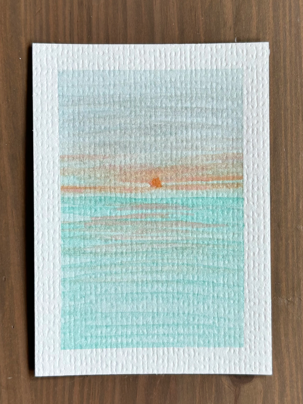 ACEO original, orange sun and sea aceo art card