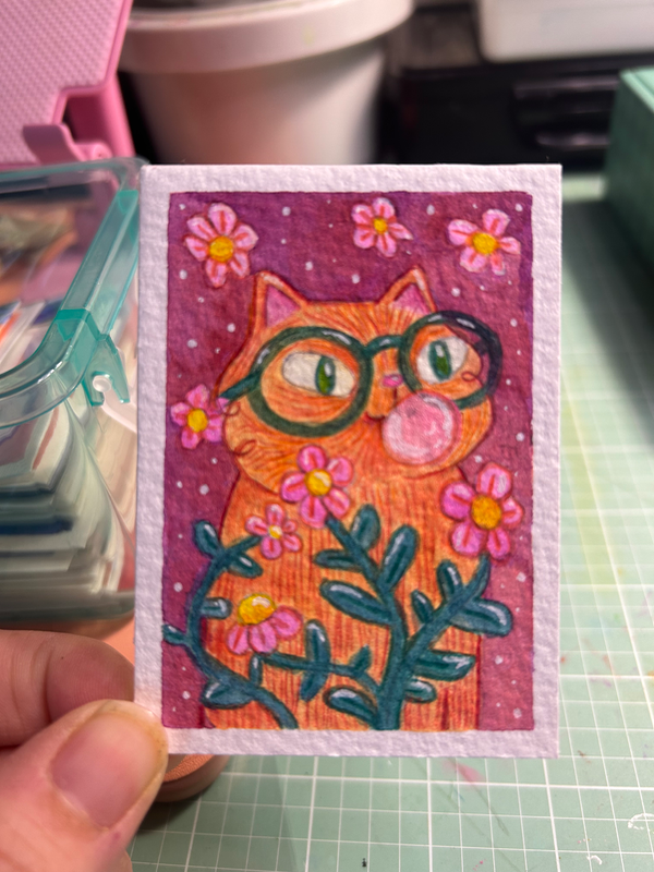 Bubble blowing kitty aceo art card