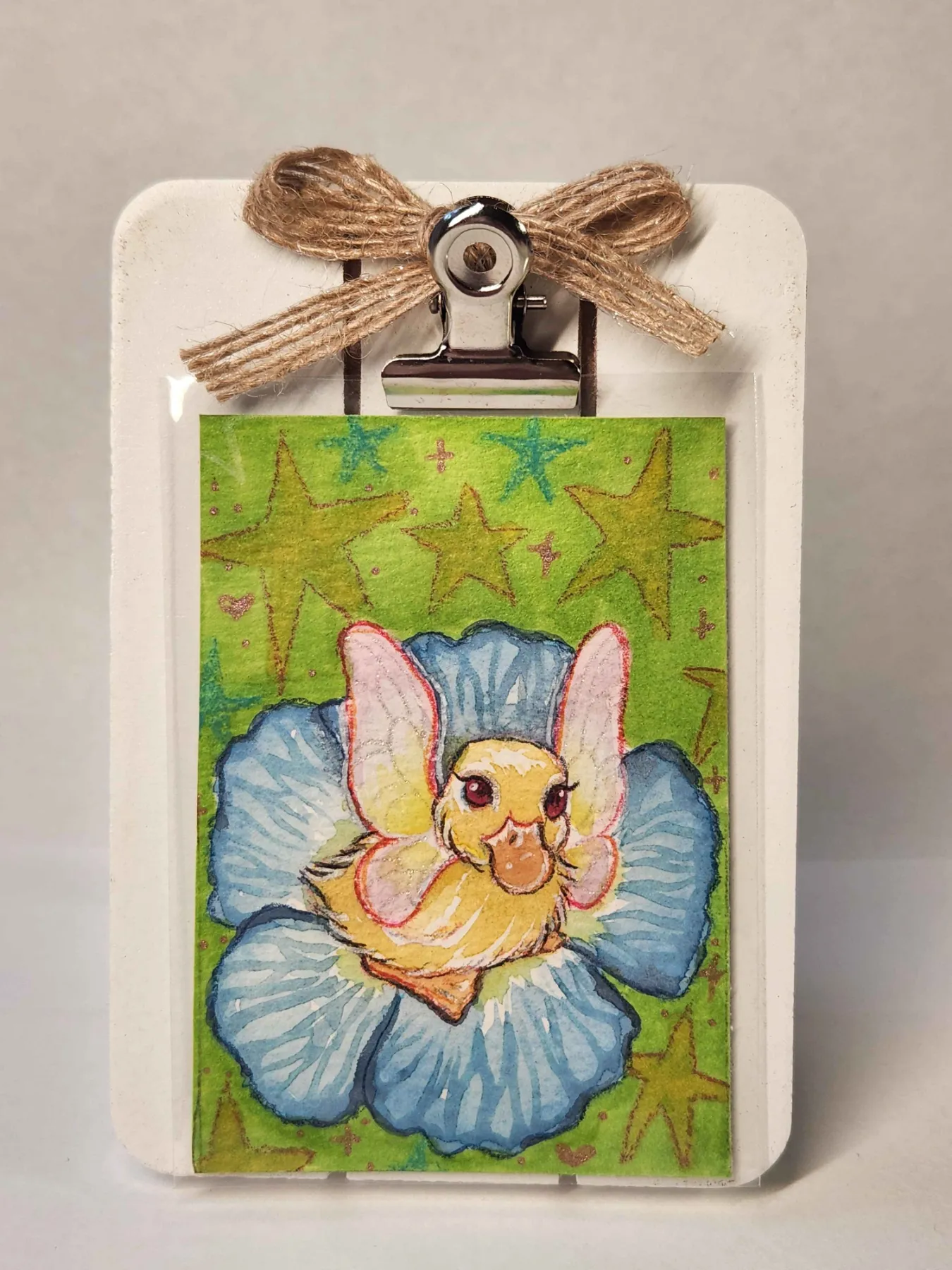 Original ACEO- Flower Fairy Series - Blue Flower Duck 4/9 aceo art card