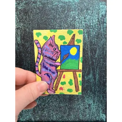 Cat Paint Day aceo art card thumbnail 1