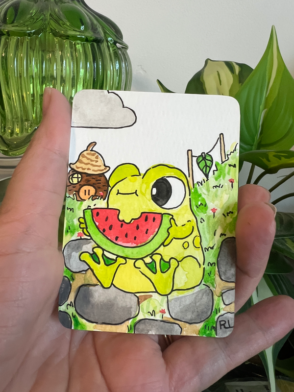 2/3 Frog eating Watermelon, Cozy Whimsical art aceo art card