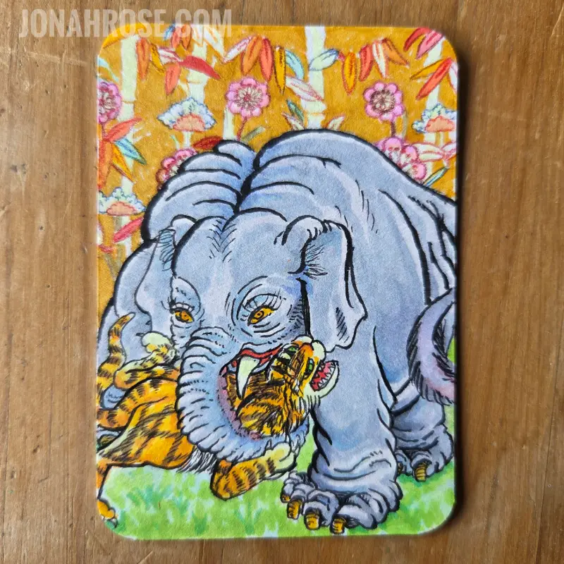 Elephant With Tiger aceo art card