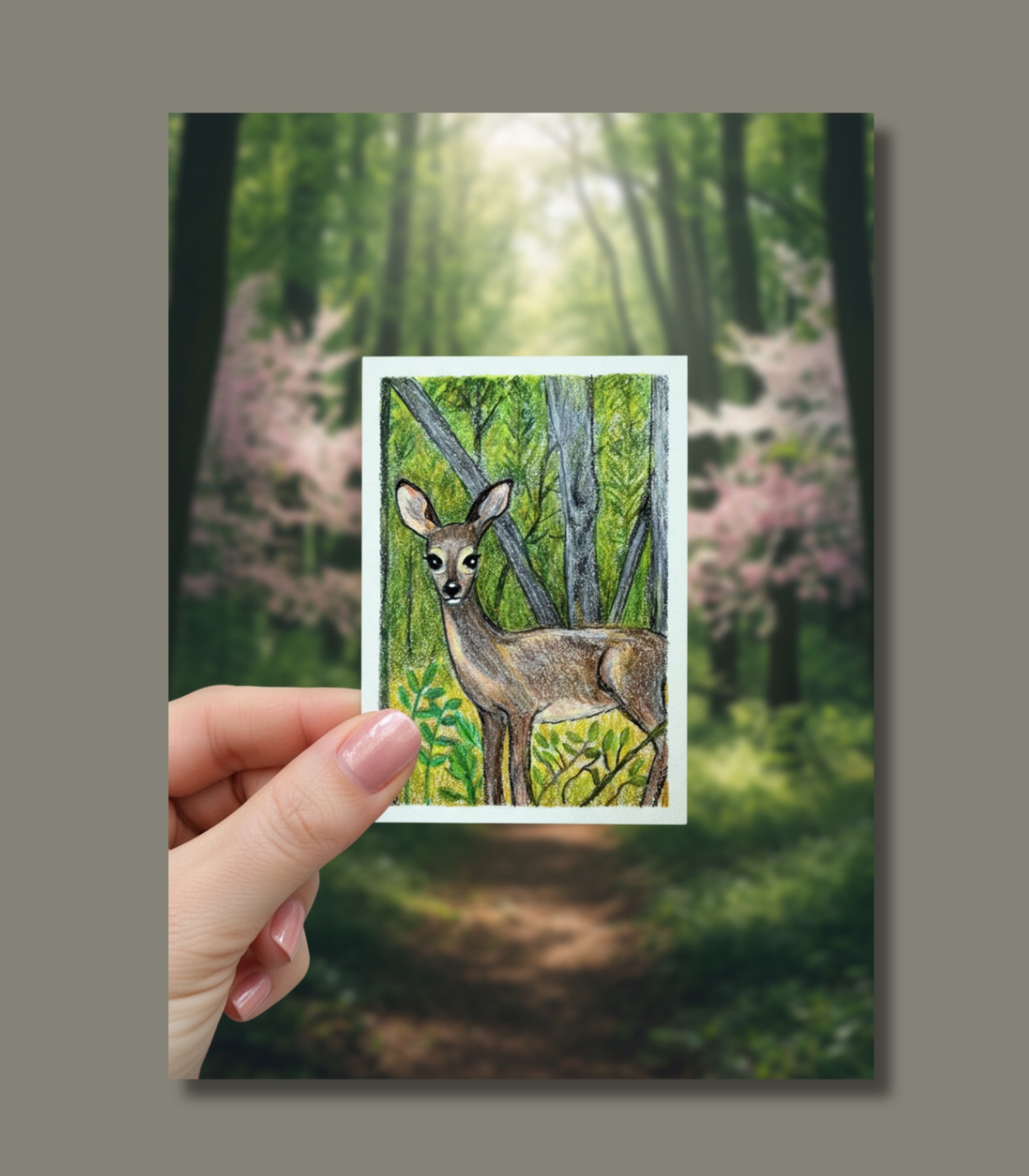 Doe in the Woods - Original ACEO Colored Pencil Drawing - Deer Art aceo art card