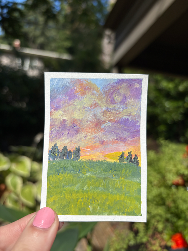 Original ACEO Sunset Landscape Painting Mini Acrylic Art Vibrant Purple Sky aceo art card