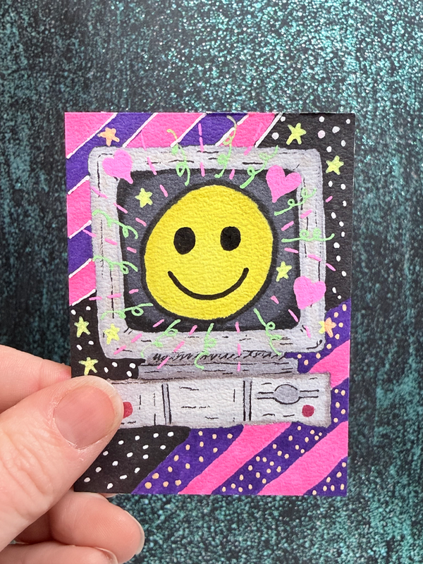 ACEO Original Vintage Nostalgia 90s Happy Vintage Computer Elizabeth Durant Art aceo art card