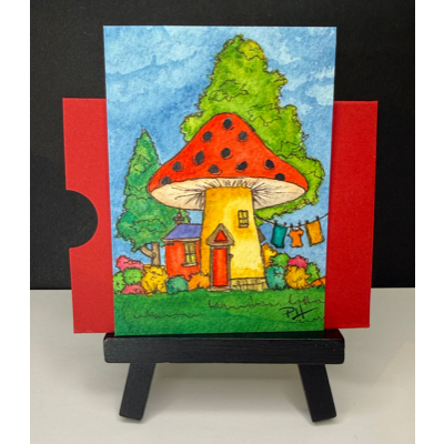 Watercolor Enchanted Mushroom House - Buttercup Hollow - Art by PHarp Watercolors aceo art card thumbnail 2