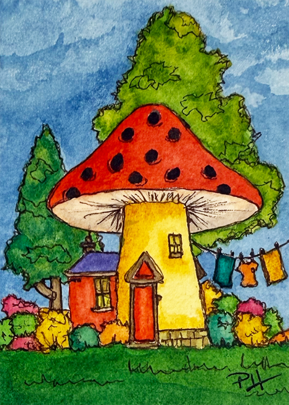 Watercolor Enchanted Mushroom House - Buttercup Hollow - Art by PHarp Watercolors aceo art card