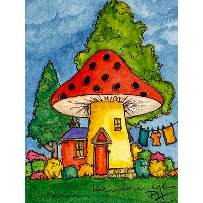 Watercolor Enchanted Mushroom House - Buttercup Hollow - Art by PHarp Watercolors aceo art card thumbnail 1