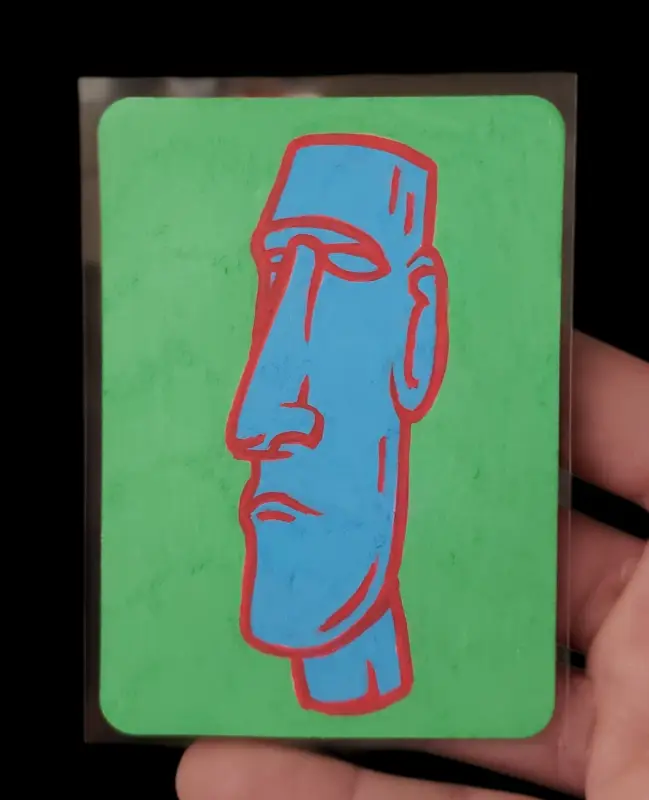 Blue and Green Moai of Rapa Nui Easter Island Statue in POSCA Markers aceo art card