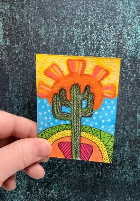 Original ACEO Art Bright Southwest Sun and Cactus Art Acrylic/Ink Mini 2.5x3.5 aceo art card thumbnail 1