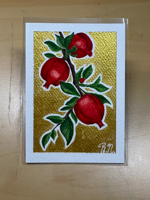 Pomegranates over gold aceo art card thumbnail 1