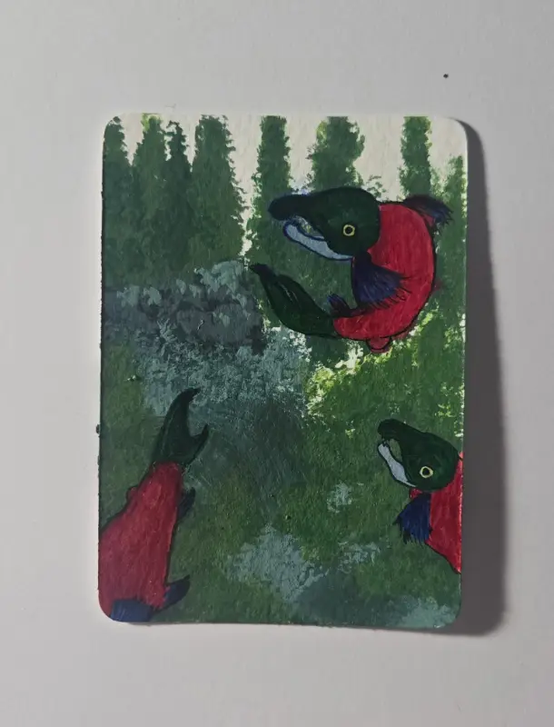 Salmon / Trees aceo art card