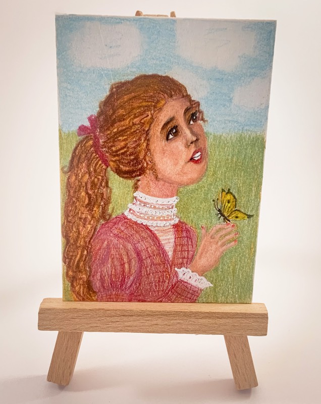 Girl with Butterfly ACEO - Original Miniature Drawing in Colored Pencil aceo art card