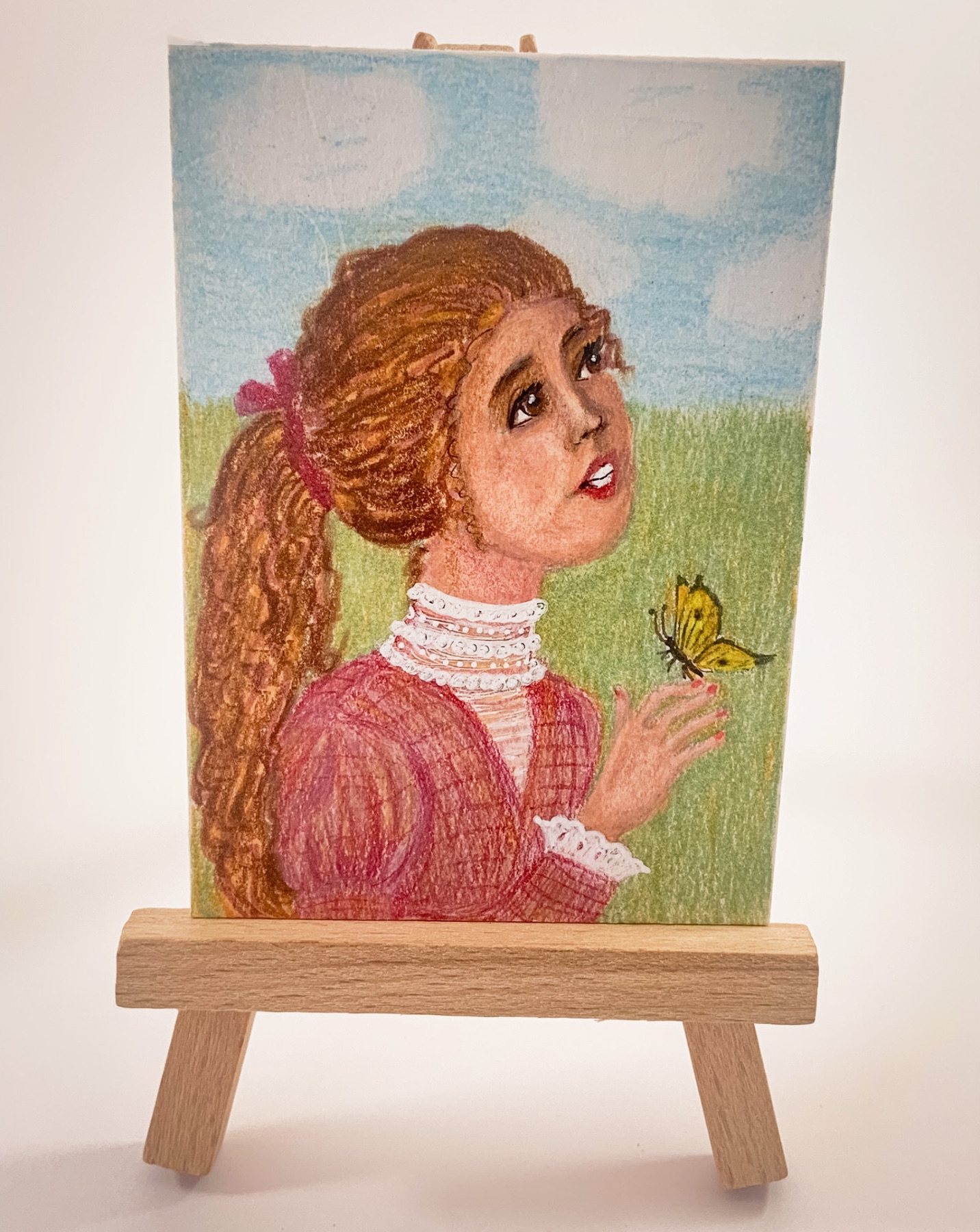 Girl with Butterfly ACEO - Original Miniature Drawing in Colored Pencil aceo art card