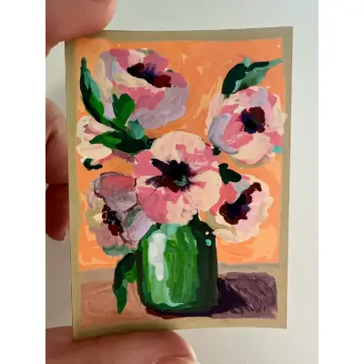 Peonies in a Green Vase aceo art card thumbnail 3