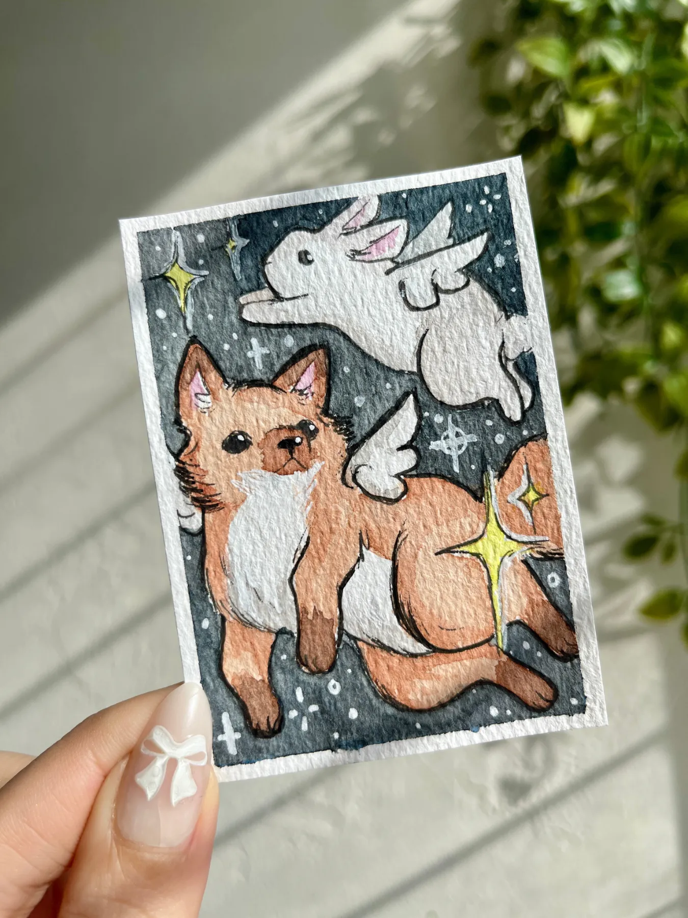 Fox and Bunny Angels aceo art card