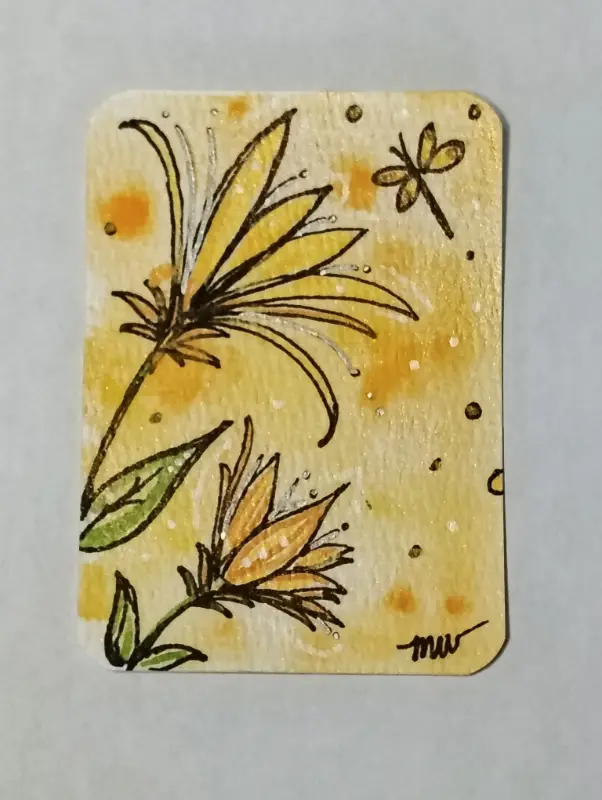 Golden Garden Glow – Original ACEO, Acrylic & Ink, 2.5" x 3.5" aceo art card