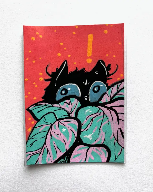 colorful plant ambush kitty | stand-alone, acrylic marker, pen aceo art card