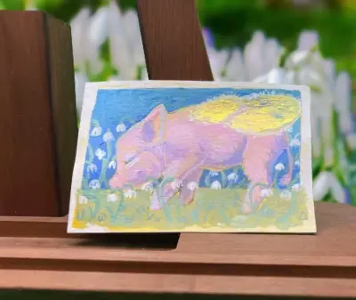 Snout in Snowdrops aceo art card thumbnail 2