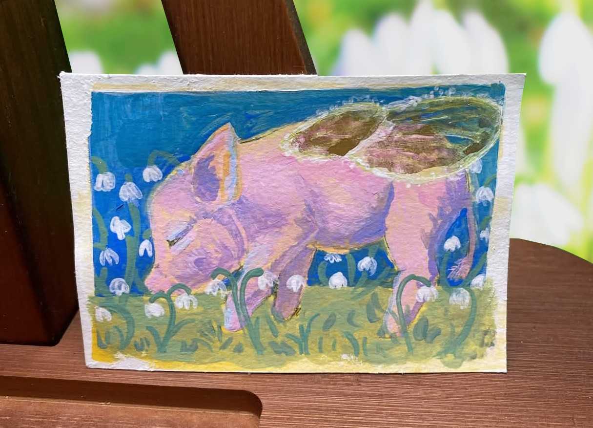 Snout in Snowdrops aceo art card