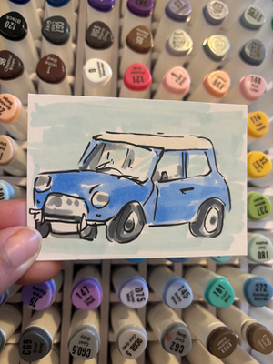 “Blue Buggy” urban sketch of a car aceo art card thumbnail 1