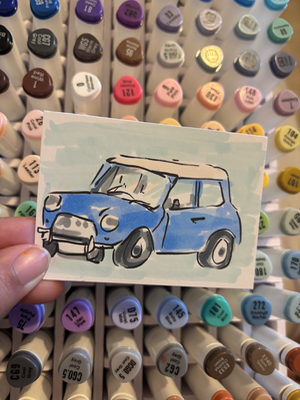 “Blue Buggy” urban sketch of a car aceo art card thumbnail 2