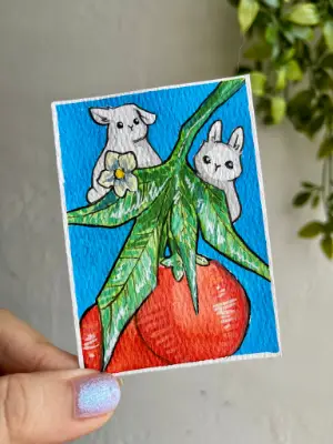 Bunnies and Oranges aceo art card thumbnail 2