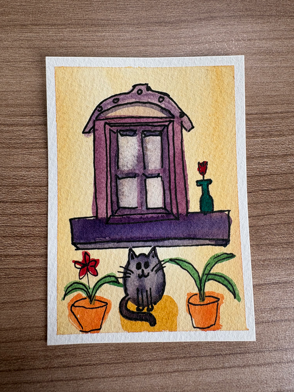 Cat Under Window aceo art card