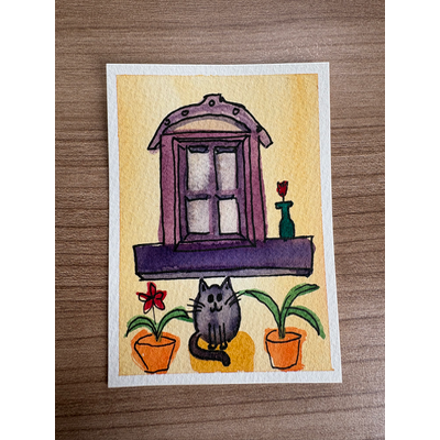 Cat Under Window aceo art card thumbnail 1