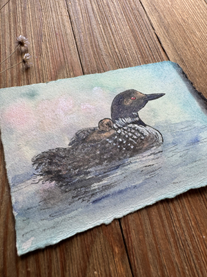 ACEO Original, Loon and Baby, Watercolor Shimmer Flower BG by Melissa Sharp aceo art card thumbnail 2