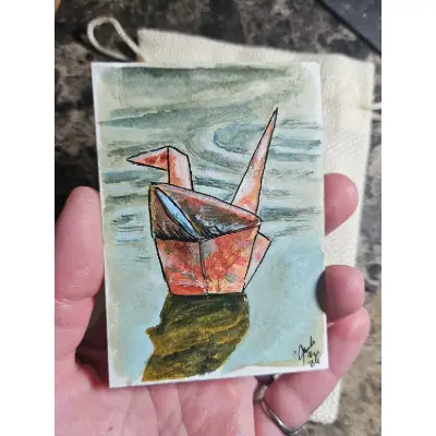 Crane on the Water aceo art card thumbnail 2