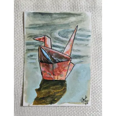 Crane on the Water aceo art card thumbnail 1