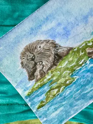 Sea Otter Original ACEO Mini Painting OOAK Art Card 2.5x3.5 Napping in Kelp aceo art card thumbnail 2