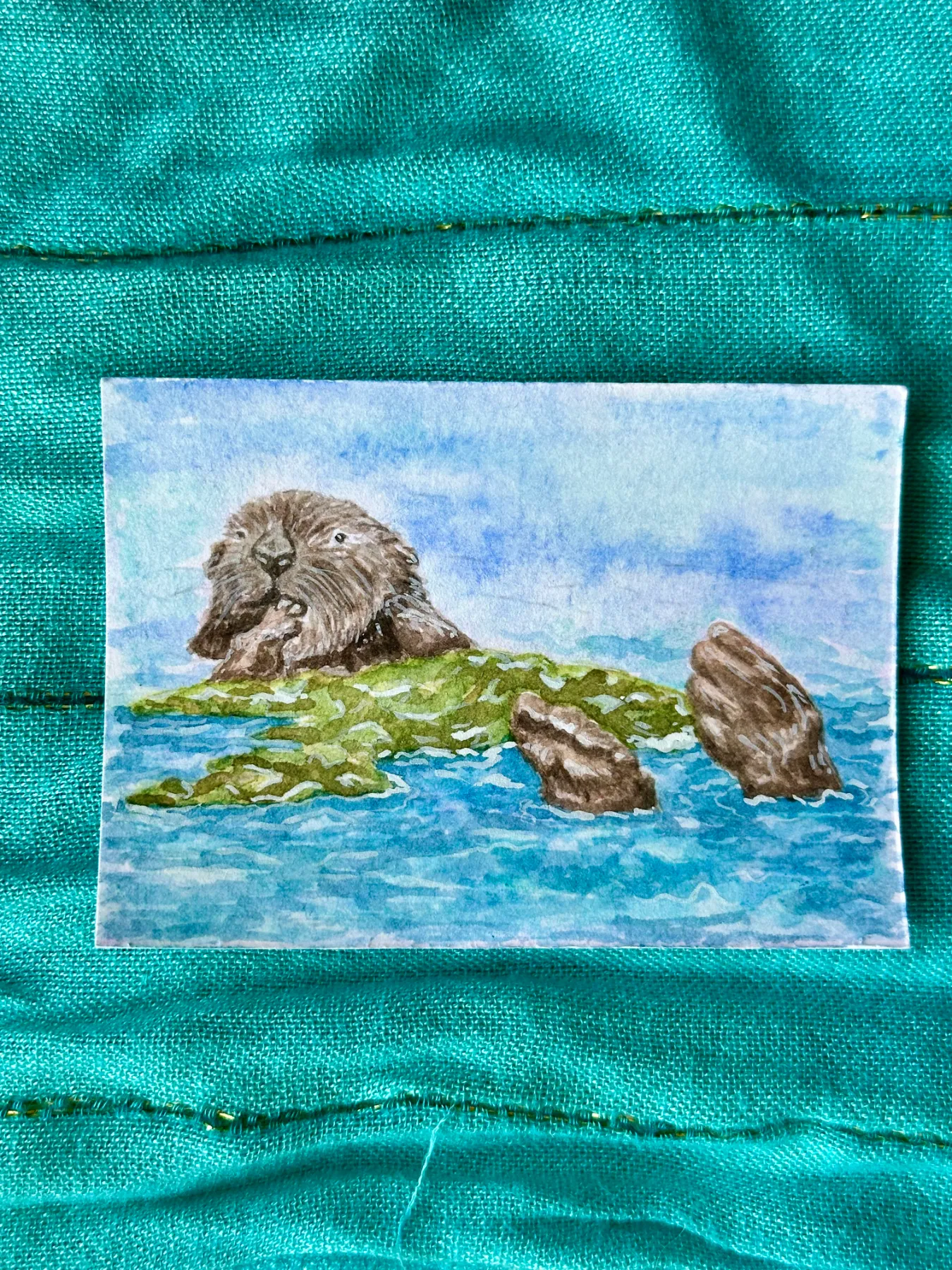 Sea Otter Original ACEO Mini Painting OOAK Art Card 2.5x3.5 Napping in Kelp aceo art card