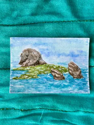 Sea Otter Original ACEO Mini Painting OOAK Art Card 2.5x3.5 Napping in Kelp aceo art card thumbnail 1