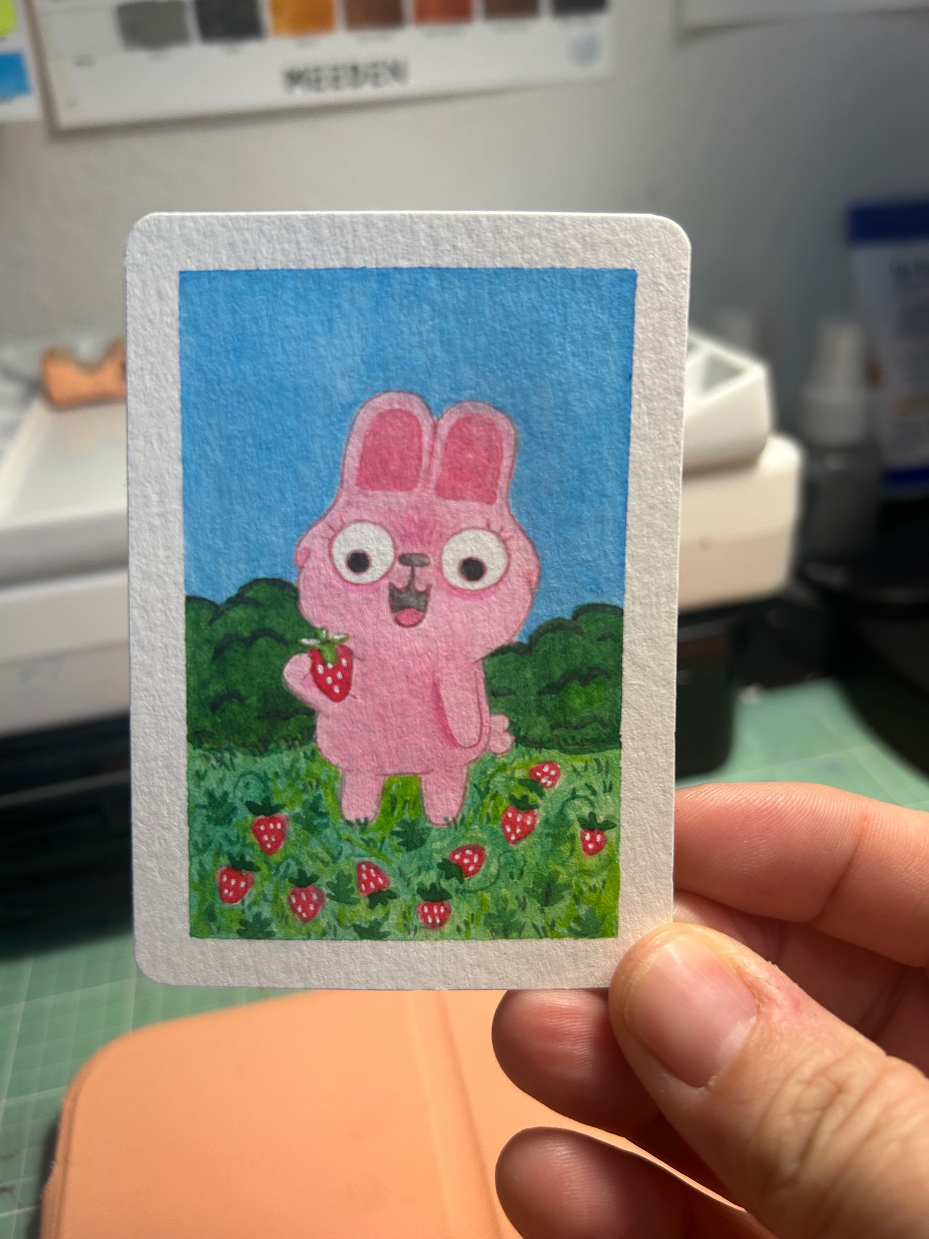 Pink bunny strawberry paradise aceo art card