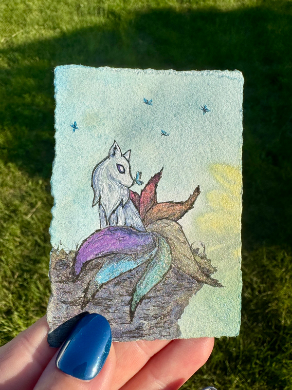 Rainbow Kitsune aceo art card